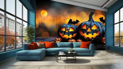   Two pumpkins rest atop a wooden table with two bat-shaped gourds nearby Wall mural