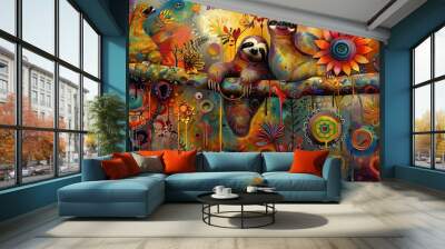  Two sloths sit on a ledge, surrounded by vibrant flowers and sunflowers below Wall mural