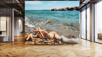  two starfishs on a rocky beach next to a body of water with rocks in the foreground and a wave coming in from the water's edge. Wall mural