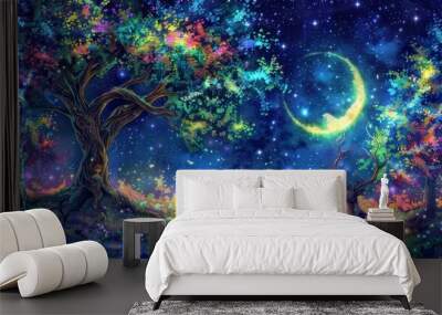   Two trees in a forest, flanked by a radiant moon and a star-studded sky above Wall mural