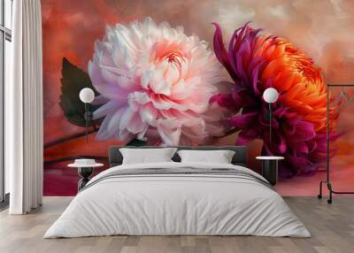   Two vibrant flowers on a warm backdrop, one boasts green foliage while the other boasts pink and white blossoms with green leaves Wall mural