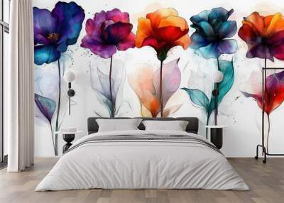   Watercolor painting of a bouquet against a white backdrop, featuring bright floral accents Wall mural