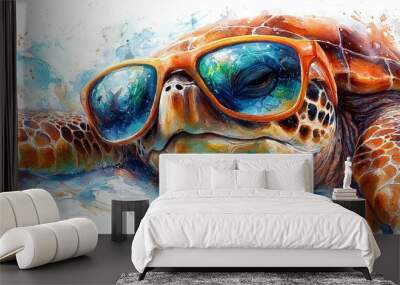   Watercolor Turtle Goggles - A turtle with goggles in a watercolor painting Wall mural