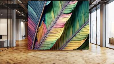 a close up of a colorful leaf with a black border around the center of the leaf is a green, red, yellow, and green leaf with a blue center of the leaves is a., generative ai Wall mural