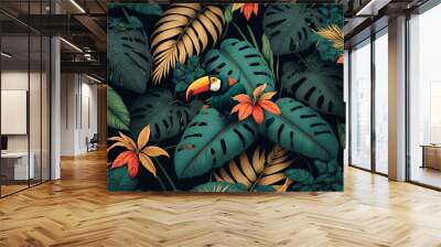 a colorful tropical scene with a toucan and leaves on a black background with a black border around the image., generative ai Wall mural