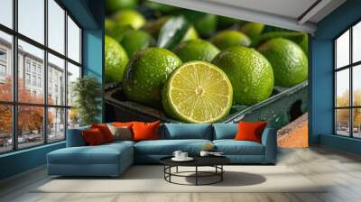 a group of limes sitting next to each other on top of a wooden table next to a pile of other limes. Wall mural