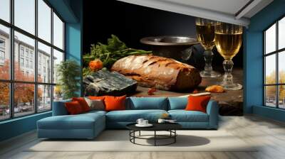 a loaf of bread sitting on top of a wooden table next to two glasses of wine and a cheese board. Wall mural