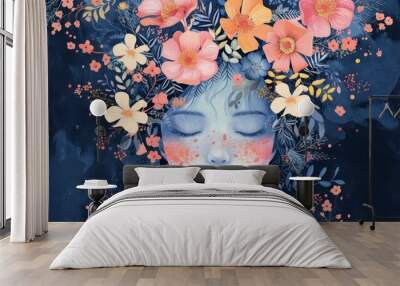 a painting of a woman with a wreath of flowers on her head with her eyes closed and her eyes closed. Wall mural