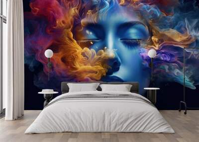 Art portrait of beauty model woman  with colorful smoke. Smoking girl, close up. Night life concept. Soft liquid rainbow smoke, glowing, glamour, glimmer. Generative AI  Wall mural