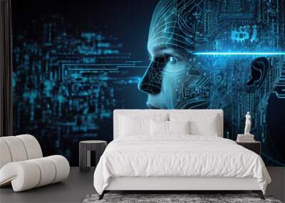 Artificial intelligence, a humanoid cyber human with a neural network thinks. AI concept of big data or cyber security. Chat GPT concept. AI with a digital brain processes big data. Generative AI Wall mural