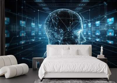 Artificial intelligence, a humanoid cyber human with a neural network thinks. AI concept of big data or cyber security. Chat GPT concept. AI with a digital brain processes big data. Generative AI
 Wall mural