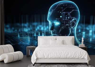 Artificial intelligence, a humanoid cyber human with a neural network thinks. AI concept of big data or cyber security. Chat GPT concept. AI with a digital brain processes big data. Generative AI
 Wall mural