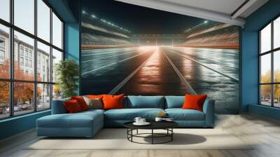 Asphalt racing track finish line and illuminated race sport stadium at night. Generative AI Wall mural