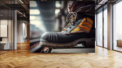 Close-up safety working shoe on a worker. Feet is standing at the factory, ready for working in danger workplace concept. Industrial working scene and safety shoe. Generative AI Wall mural