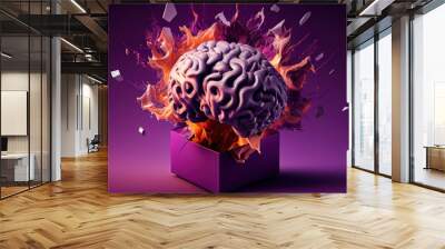 Colored brain in a box, thinking outside the box, creative ideas concept. Mental overload, busyness, stress at work, brain drain. Generative AI Wall mural