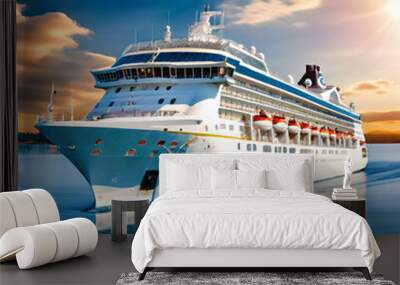 cruise liner big white ship vacation tourists background sunset blue sky , Wall mural