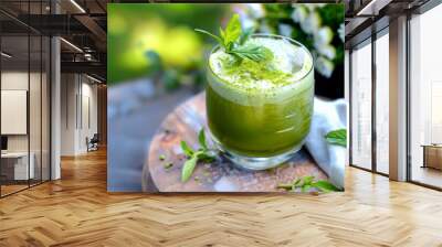 A glass of matcha tea cocktail standing on a wooden table outdoors, healthy food concept Wall mural