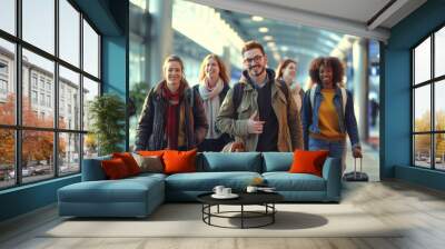 A group of young people walking with bags through the airport building and smiling Wall mural