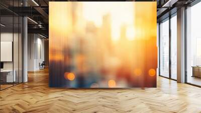 Blurry panoramic photo of a cityscape with golden lights at sunset, abstract urban background Wall mural