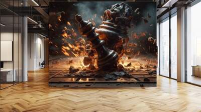 Explosion of a chess piece on a chessboard. Chess board game concept of business ideas and competition or war theme. Chess figures on a dark background of explosion and fire. Generative AI Wall mural