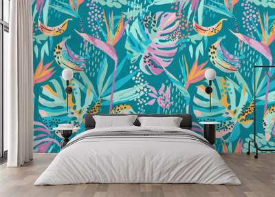 Abstract art seamless pattern with tropical leaves and flowers. Modern exotic design Wall mural