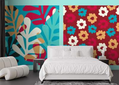 Abstract collection of seamless patterns with flowers, cherry and leaves and geometric shapes Wall mural