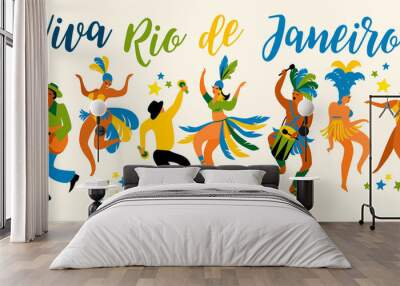 brazil carnival. vector illustration of funny dancing men and women in bright costumes. Wall mural