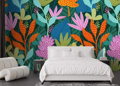 Bright funny seamless pattern with abstract leaves. Vector design Wall mural