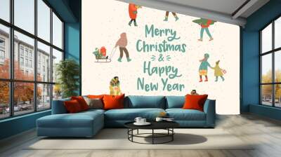 Christmas and Happy New Year illustration whit people. Trendy retro style. Wall mural