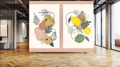 Collection of contemporary art prints. Abstract fruits. Apples, pears, apricots and lemons. Wall mural