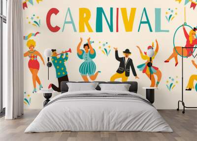 hello carnival vector illustration of funny dancing men and women in bright costumes Wall mural