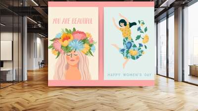 International Women s Day. Set of vector templates with cute women and flowers for card, poster, flyer and other Wall mural