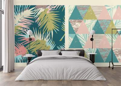 Seamless exotic patterns with tropical plants and artistic background. Wall mural