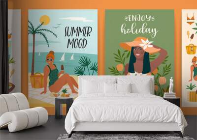 Set of bright summer illustrations with cute women. Summer holliday, vacation, travel. Vector templates Wall mural