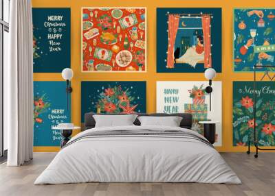 Set of Christmas and Happy New Year illustrations. Vector design templates. Wall mural