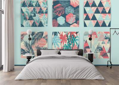 Set of tropical and sea seamless patterns with hand texture and geometric elements. Wall mural