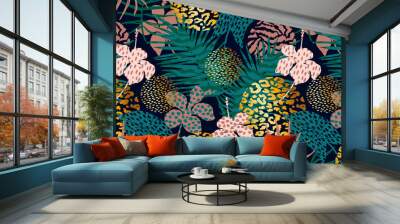 Trendy seamless exotic pattern with palm, animal prints and hand drawn textures. Wall mural