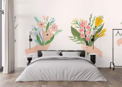 Vector illustration bouquets of flowers in hands. Design template Wall mural