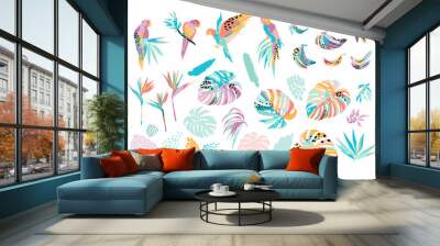 Vector illustrations of parrots, tropical leaves, bananas. Clipart, isolated elements. Wall mural