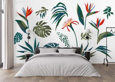 Vector illustrations of tropical leaves. Clipart, isolated elements. Wall mural