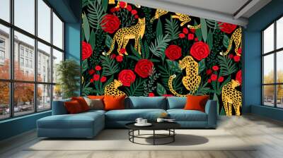 Vestor seamless pattern with leopards, tropical leaves and roses. Wall mural