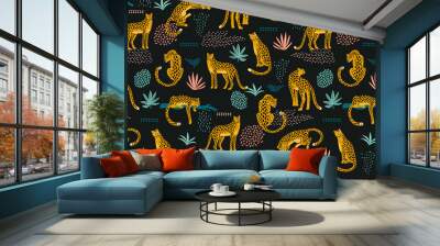 Vestor seamless pattern with leopards and abstract tropical leaves. Wall mural