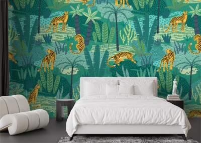 Vestor seamless pattern with leopards and tropical leaves. Wall mural