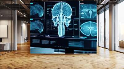 Healthcare and medical, Doctor and robotics research diagnose Human brains scan. Record and report with modern virtual interface, alzheimer's and parkinson, science, Innovation. Generative AI Wall mural