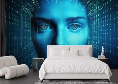 Human face on the background of the matrix. Background with computer binary code and hidden face watching. Metaverse, artificial intelligence AI concept. Generative AI Wall mural