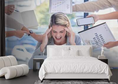 Headache, multitask and business woman in stress, anxiety and burnout of deadlines, time management or pressure. Frustrated female employee scream for migraine, pain or chaos in overwhelmed workplace Wall mural