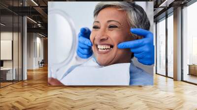 Senior woman, teeth and smile for dentist in dental care, appointment or checkup at the clinic. Happy elderly female person smile for tooth whitening, cleaning or oral, mouth and gum care at hospital Wall mural