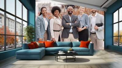 Team, portrait and business people with arms crossed in the city for corporate teamwork and diversity. Smile, together and a group of employees with pride, trust and professional solidarity for work Wall mural