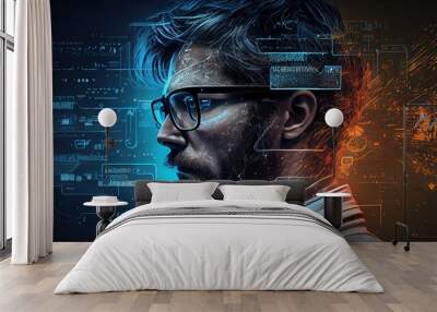 Man scientist with glasses future. Portrait of software developer/hacker. Human in digital Identity cyber security data center.  Man solves complex problems in his mind. Generative AI Wall mural