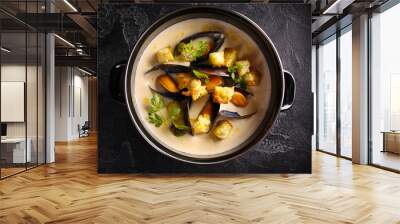 Mediterranean cuisine. Mussel soup with tomato and herbs in a bowl on the dark background. Background image, copy space Wall mural